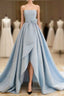 A Line Satin Blue Long Prom Dress, Blue Satin Long Prom Dresses