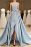 A-Line Satin Blue Long Prom Dresses, Blue Satin Long Formal Dresses