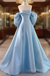 A-Line Satin Blue Long Prom Dresses With Bow
