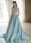 A Line Satin Blue Long Straps Prom Dress, Satin Long Prom Dresses