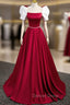 A-Line Satin Burgundy Long Prom Dresses, Puffy Sleeve Formal Evening Dresses