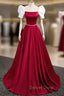 A Line Satin Burgundy Long Prom Dress, Puffy Sleeve Prom Dresses