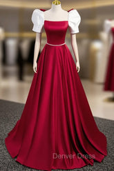 A-Line Satin Burgundy Long Prom Dresses, Puffy Sleeve Formal Evening Dresses