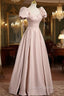 A-Line Satin Floor Length Pink Corset Prom Dresses, Off the Shoulder Evening Dresses