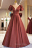 A Line Satin Floor Length Prom Dress, Elegant Short Sleeve Prom Dresses
