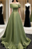 A-Line Satin Green Long Prom Dresses, Green Formal Dresses