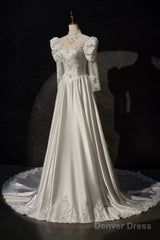 A-Line Satin Lace Long Sleeve Prom Dress, Elegant White High Neck Evening Prom Dress