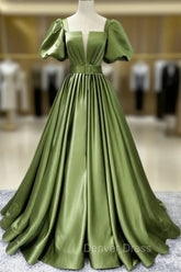 A line Satin Long Green Prom Dresses, Green Formal Evening Graduation Dresses