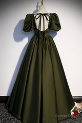 A-Line Satin Long Prom Dress, Dark Green Short Sleeve Evening Graduation Dress