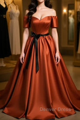 A-Line Satin Orange Long Prom Dresses, Orange Formal Evening Dresses