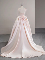 A-Line Satin Pink Champagne Long Prom Dresses, Pink Champagne Long Formal Dresses