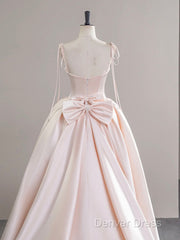 A-Line Satin Pink Champagne Long Prom Dresses, Pink Champagne Long Formal Dresses