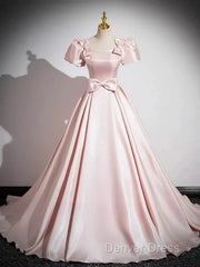 A-Line Satin Pink Quinceanera Dresses Long Prom Dresses With Bows Short Sleeves