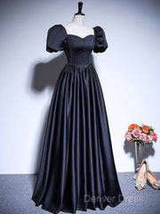 A-Line Satin Puff Sleeves Black Long Prom Dresses, Black Long Evening Dresses