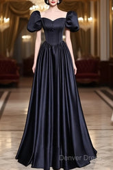 A-Line Satin Puff Sleeves Black Long Prom Dresses, Black Long Evening Dresses