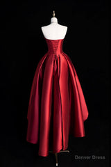 A-Line Satin Short Prom Dress, Burgundy Strapless High Low Party Dress