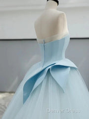 A-Line Satin Tulle Blue Quinceanera Dresses Long Prom Dresses Ball Gown Off Shoulder