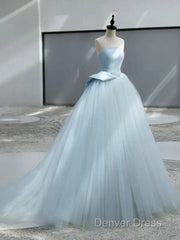 A-Line Satin Tulle Blue Quinceanera Dresses Long Prom Dresses Ball Gown Off Shoulder