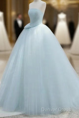 A-Line Satin Tulle Blue Quinceanera Dresses Long Prom Dresses Ball Gown Off Shoulder