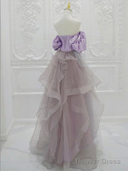A-Line Satin Tulle Purple Long Prom Dress, Tulle Purple Long Formal Dress