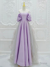 A-Line Satin Tulle Purple Long Prom Dress, Tulle Purple Long Formal Dress