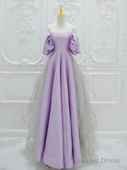A-Line Satin Tulle Purple Long Prom Dress, Tulle Purple Long Formal Dress