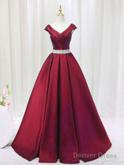 A-Line Satin V Neck Burgundy Long Prom Dress, Burgundy Formal Dresses