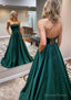A Line Scalloped Neck Sweep Train Satin Prom Dresses With Pockets