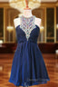 A-line Scoop Beaded Crystals Navy Blue Chiffon Short Homecoming Dresses