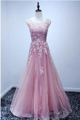 A-Line Scoop Floor-Length Pink Tulle Open Back Prom Dress With Appliques