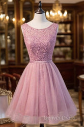 A-Line Scoop Neck Short Tulle Homecoming Dresses With Beading