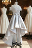 A Line Scoop Neckline Lace Gray Prom Dress, High Low Style Satin Prom Dresses