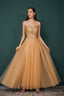 A Line Scoop Neckline Sheer Appliques Beaded Ankle Length Prom Dresses