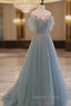 A Line Scoop Neckline Tulle Gray Blue Long Prom Dresses with Sequin