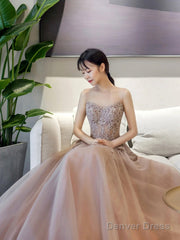 A-Line Scoop Neckline Tulle Lace Long Prom Dress, Beautiful Lace Formal Evening Dress