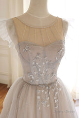 A-Line Scoop Neckline Tulle Long Prom Dress with Beaded, Evening Party Dress