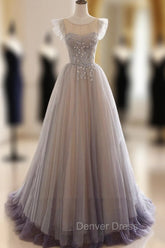 A-Line Scoop Neckline Tulle Long Prom Dresses with Beaded, Evening Party Dresses