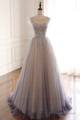 A-Line Scoop Neckline Tulle Long Prom Dress with Beaded, Evening Party Dress
