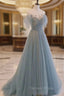 A Line Scoop Neckline Tulle Long Prom Dresses with Sequin