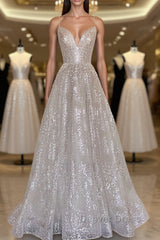 A line sequin long prom Dresses, Champagne sequin evening Dresses