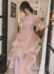 A-Line Sequins And Tulle Pink Long Evening Dress, Pink Tulle Prom Dress