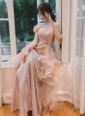 A-Line Sequins And Tulle Pink Long Evening Dress, Pink Tulle Prom Dress