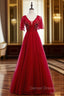 A-Line Sexy Burgundy Tulle V-neck Backless Beading Prom Dresses