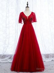 A-Line Sexy Burgundy Tulle V-neck Backless Beading Prom Dress