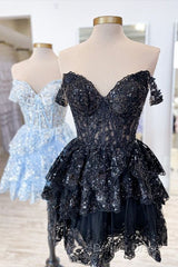 A-Line Short Black Prom Dresses Sheer Corset Bodice Homecoming Dresses
