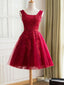 A Line Short Burgundy Lace Prom Dress, Lace Graduation Dress, Homecoming Dress, Burgundy Bridesmaid Dresses