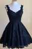 A-Line Short Navy Blue Lace Homecoming Dress