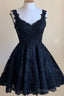 A-Line Short Navy Blue Lace Homecoming Dresses