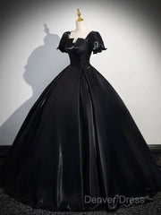 A-Line Short Sleeve Black Satin Long Prom Dresses, Black Long Formal Dresses