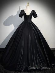 A-Line Short Sleeve Black Satin Long Prom Dresses, Black Long Formal Dresses